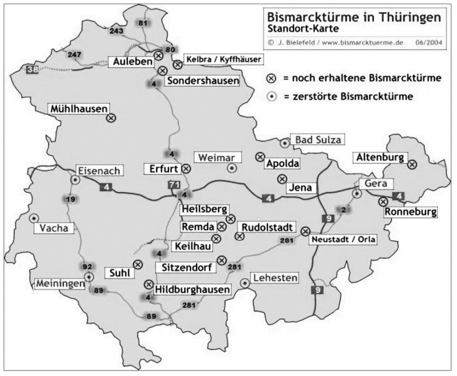 Schwarz-weiß Karte Thüringen mit markierten Bismarcktürmen, Ortsnamen und Straßen